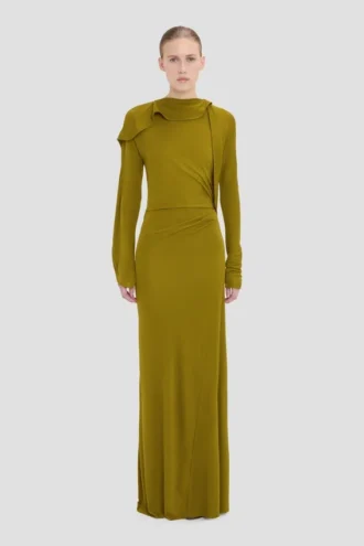 Rochie cu drapaj la gât, închisă, în nuanța Moss