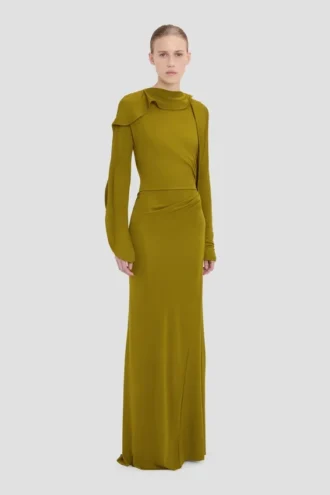 Rochie cu drapaj la gât, închisă, în nuanța Moss