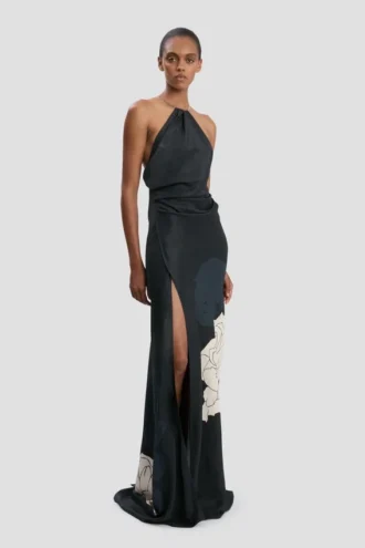 Rochie cu guler tip halter și lanț, cu imprimeu floral în nuanță de bleumarin închis