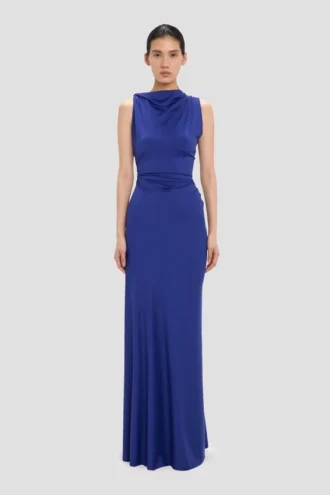 Rochie drapată fără mâneci, în nuanța indigo strălucitoare