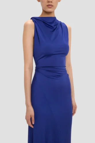 Rochie drapată fără mâneci, în nuanța indigo strălucitoare