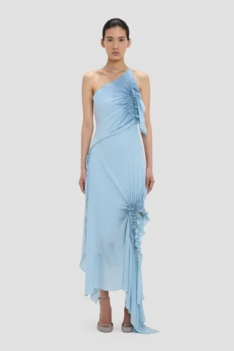 Rochie halter cu smocuri în albastru ionian