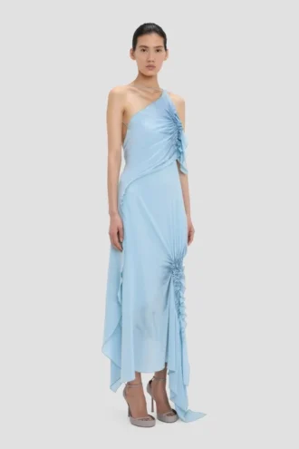 Rochie halter cu smocuri în albastru ionian