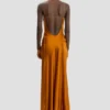 Rochie lungă până la podea, cu bretele drapate, în nuanță de bronz
