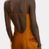 Rochie lungă până la podea, cu bretele drapate, în nuanță de bronz