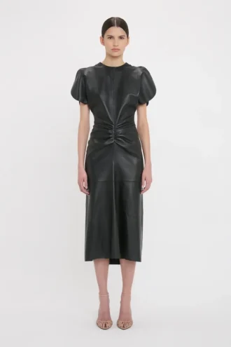 Rochie midi Bela din piele, în culoarea neagră