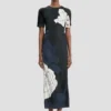 Rochie midi cu tiv despicat, cu imprimeu floral în nuanțe de bleumarin închis Rochie midi cu tiv despicat, cu imprimeu floral în nuanțe de bleumarin închis