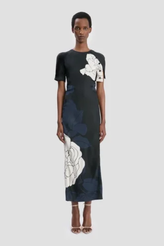 Rochie midi cu tiv despicat, cu imprimeu floral în nuanțe de bleumarin închis
