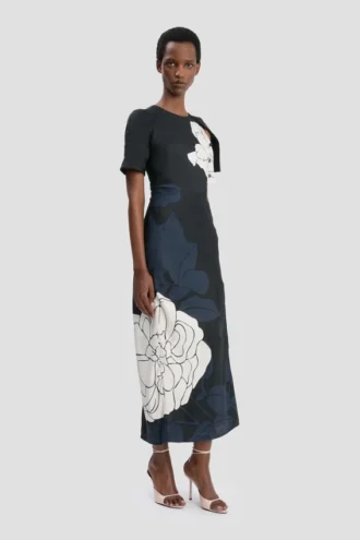 Rochie midi cu tiv despicat, cu imprimeu floral în nuanțe de bleumarin închis