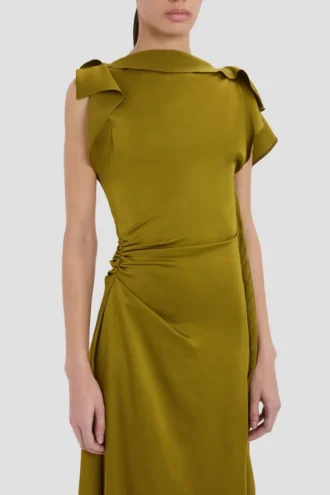 Rochie midi drapată în culoarea mușchi
