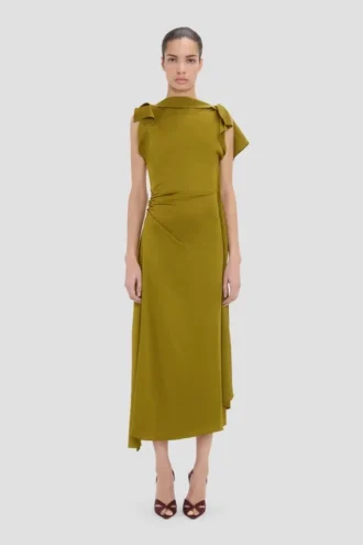 Rochie midi drapată în culoarea mușchi
